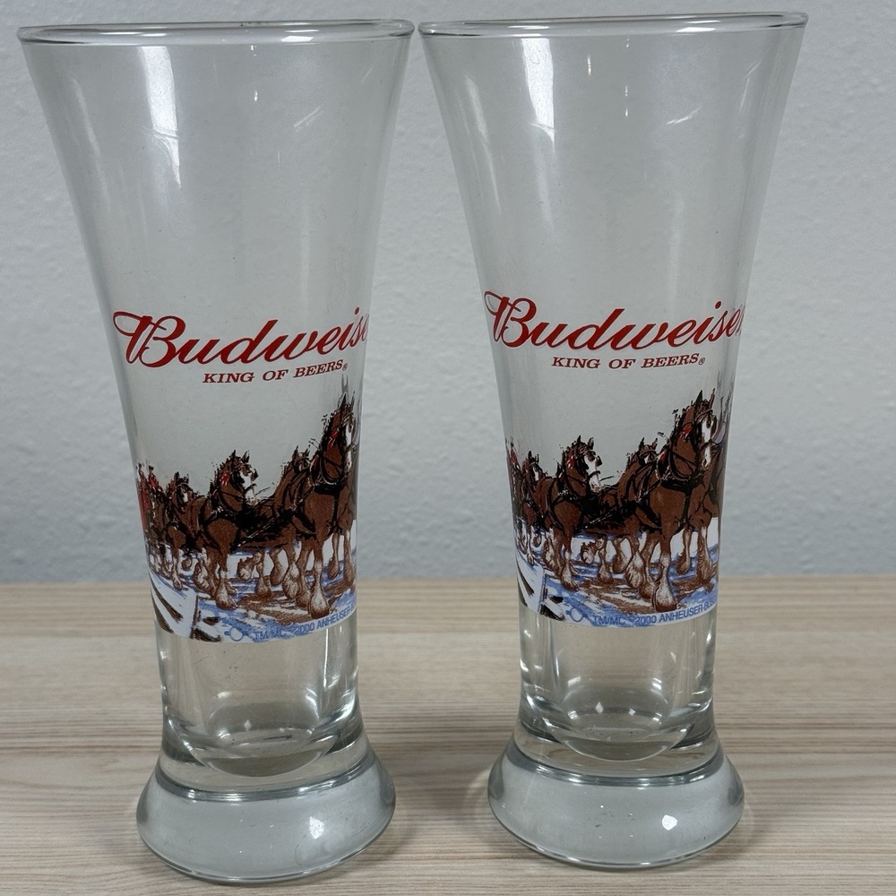 (2) Vintage Budweiser 1989 Clydesdale Fluted Pilsner Beer Glass Barware Set